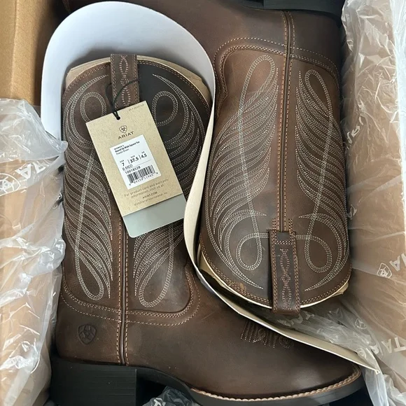 Ariat Brown Leather Round Up Western Wide Square Toe 11” Pull On Boots - Picture 9 of 10